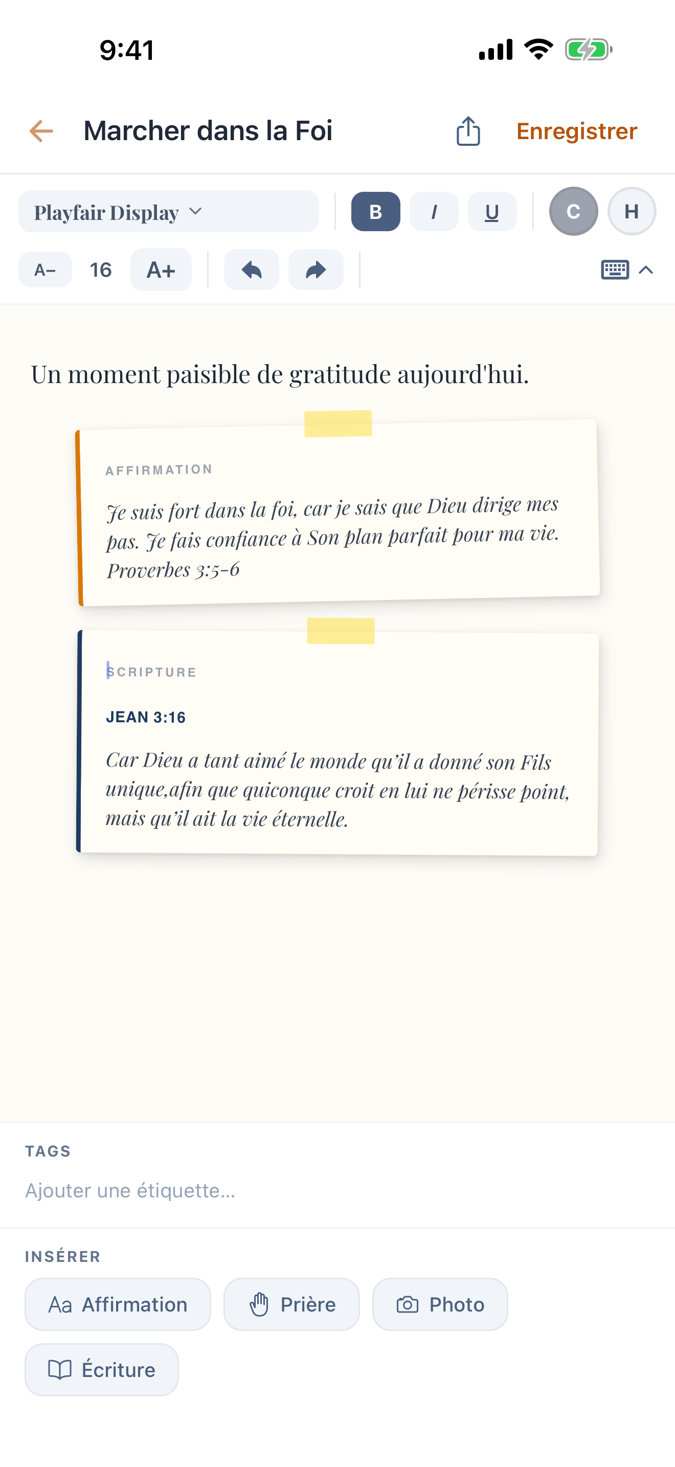 Écran du journal spirituel